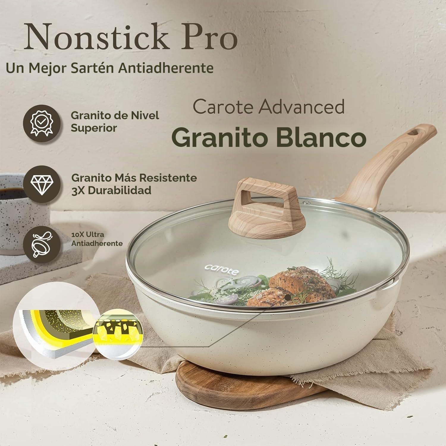 CAROTE Sartén profunda antiadherente de 12 pulgadas con tapa, grani...
