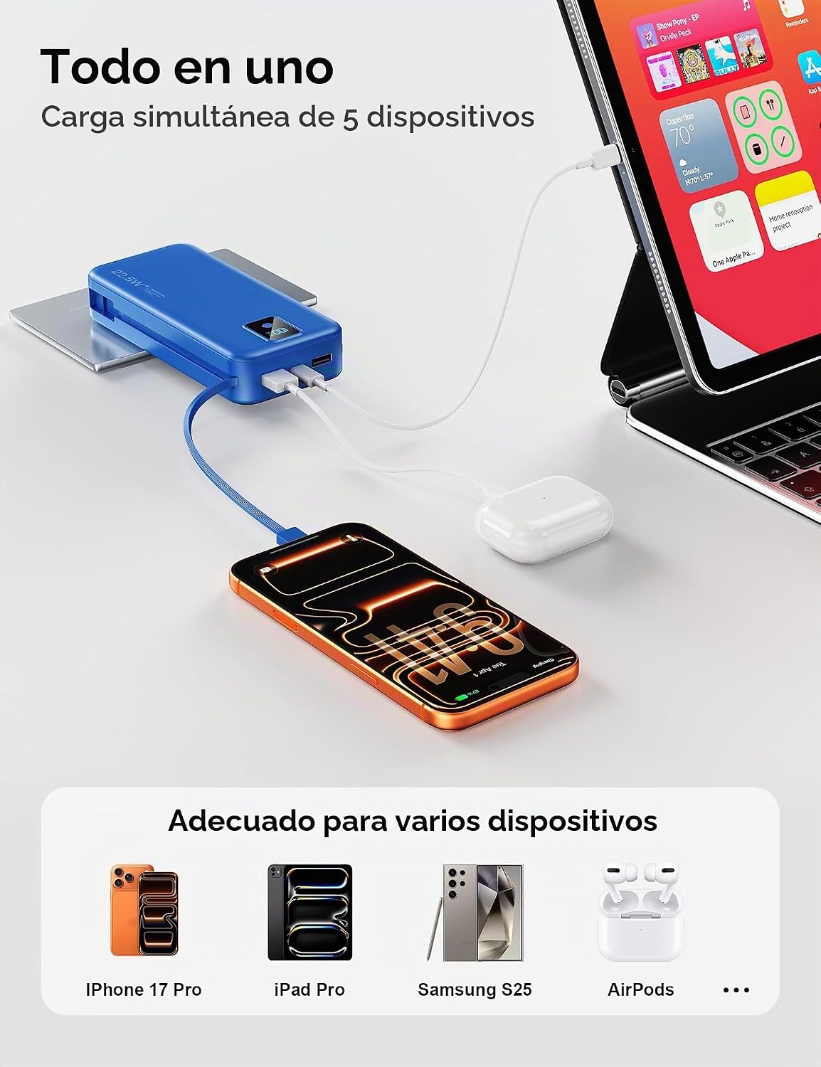 Rngsnoy Cargador portátil 20000mAh 22.5W w\/Cable incorporado y enc...