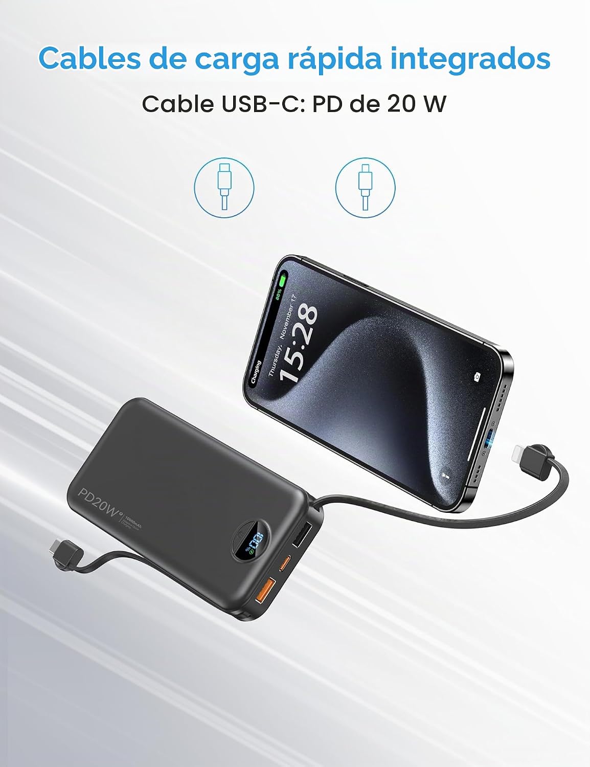 Ffnpua Cargador portátil Power Bank 10000mAh PD20W con cables incor...