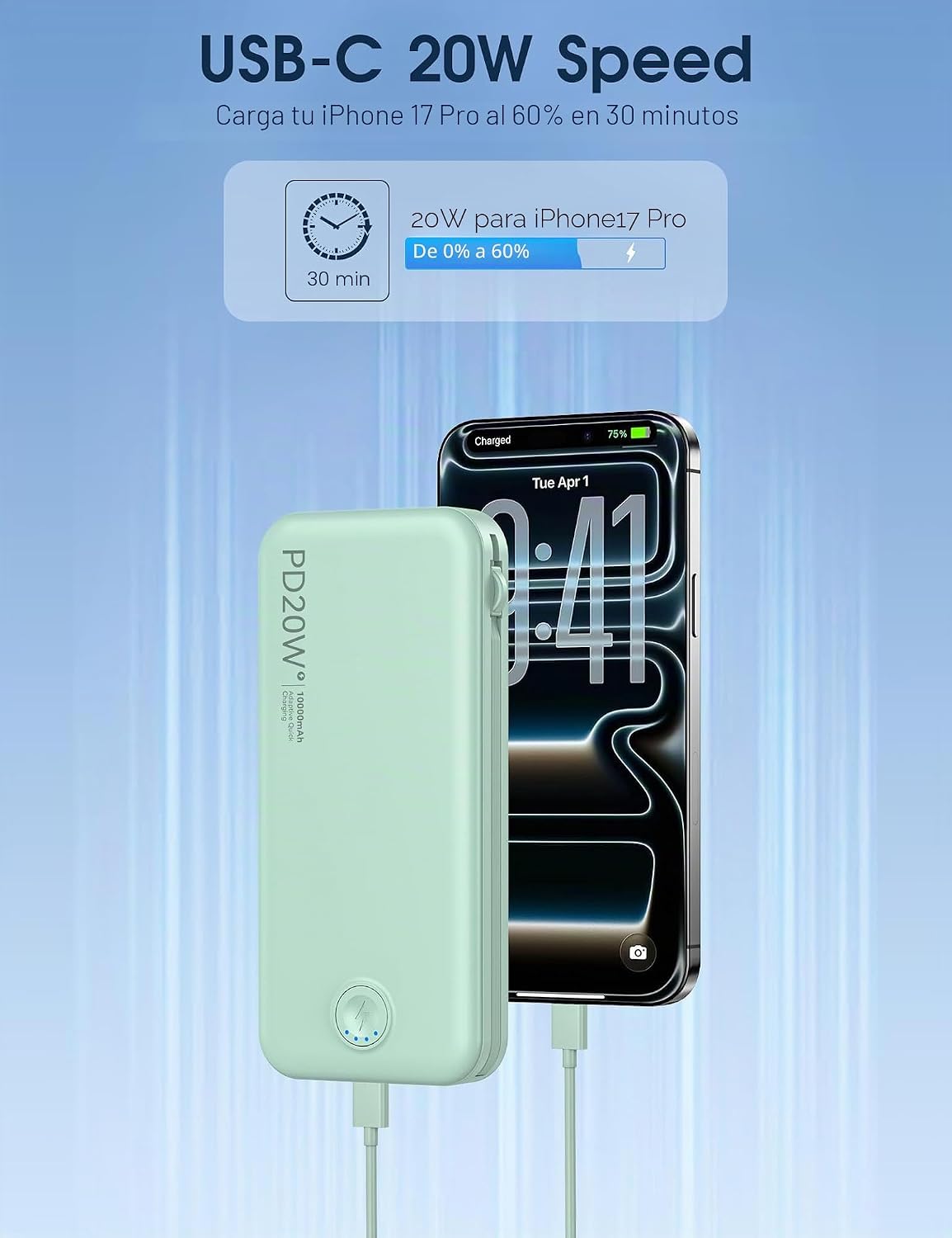 Nusyddy Cargador portátil 10000mAh de carga rápida w\/incorporado e...