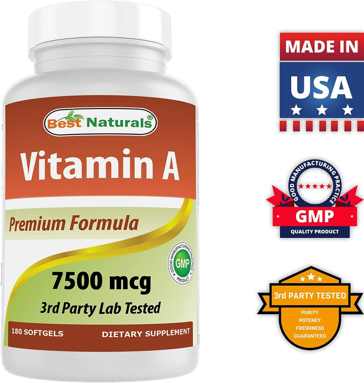 Best Naturals Vitamina A 25000 UI (7500 mcg), fórmula sin OMG que a...