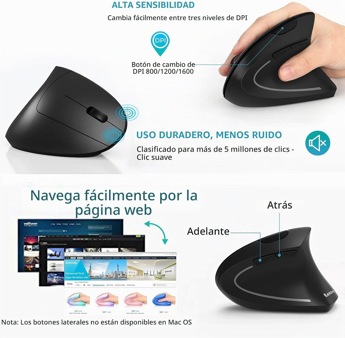 Lekvey Ratón ergonómico, USB C vertical inalámbrico, recargable, ne...