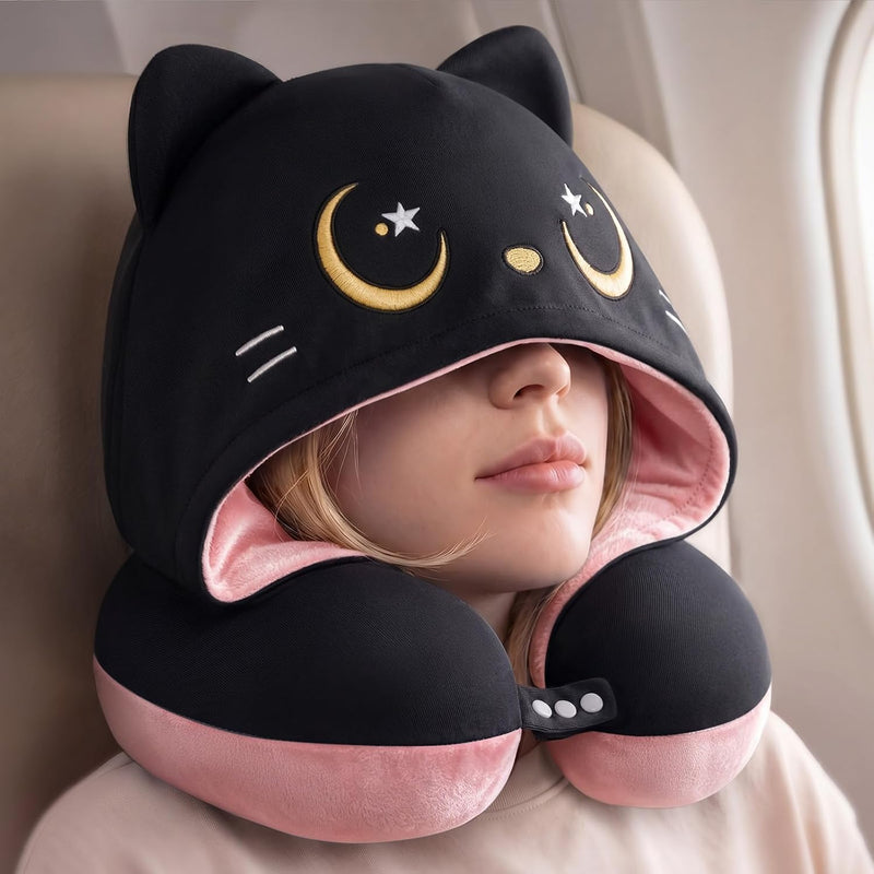 Mewaii Almohada de viaje para el cuello, almohada de avión con capu...
