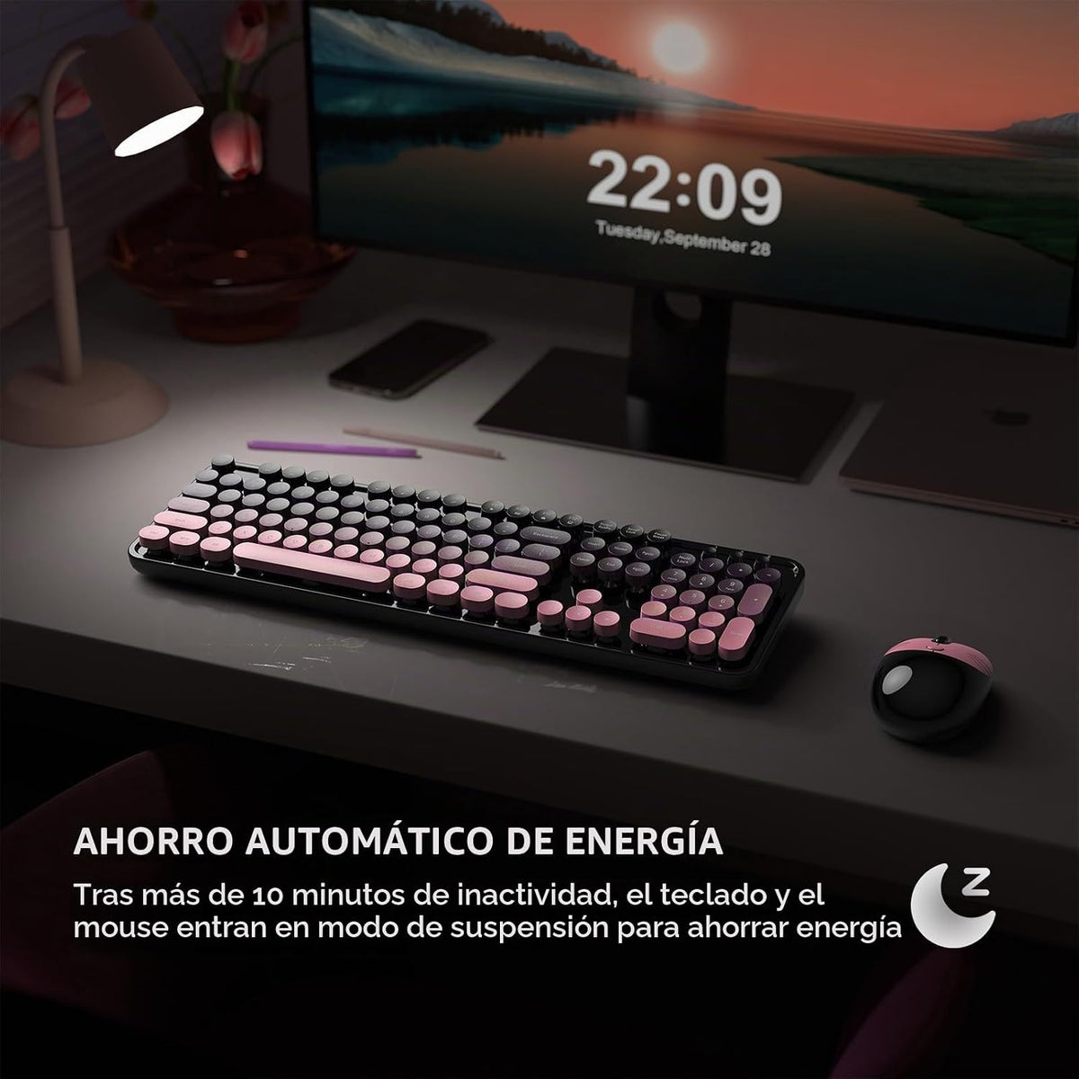 MOFII Combo de teclado y mouse inalámbricos, teclado redondo retro...