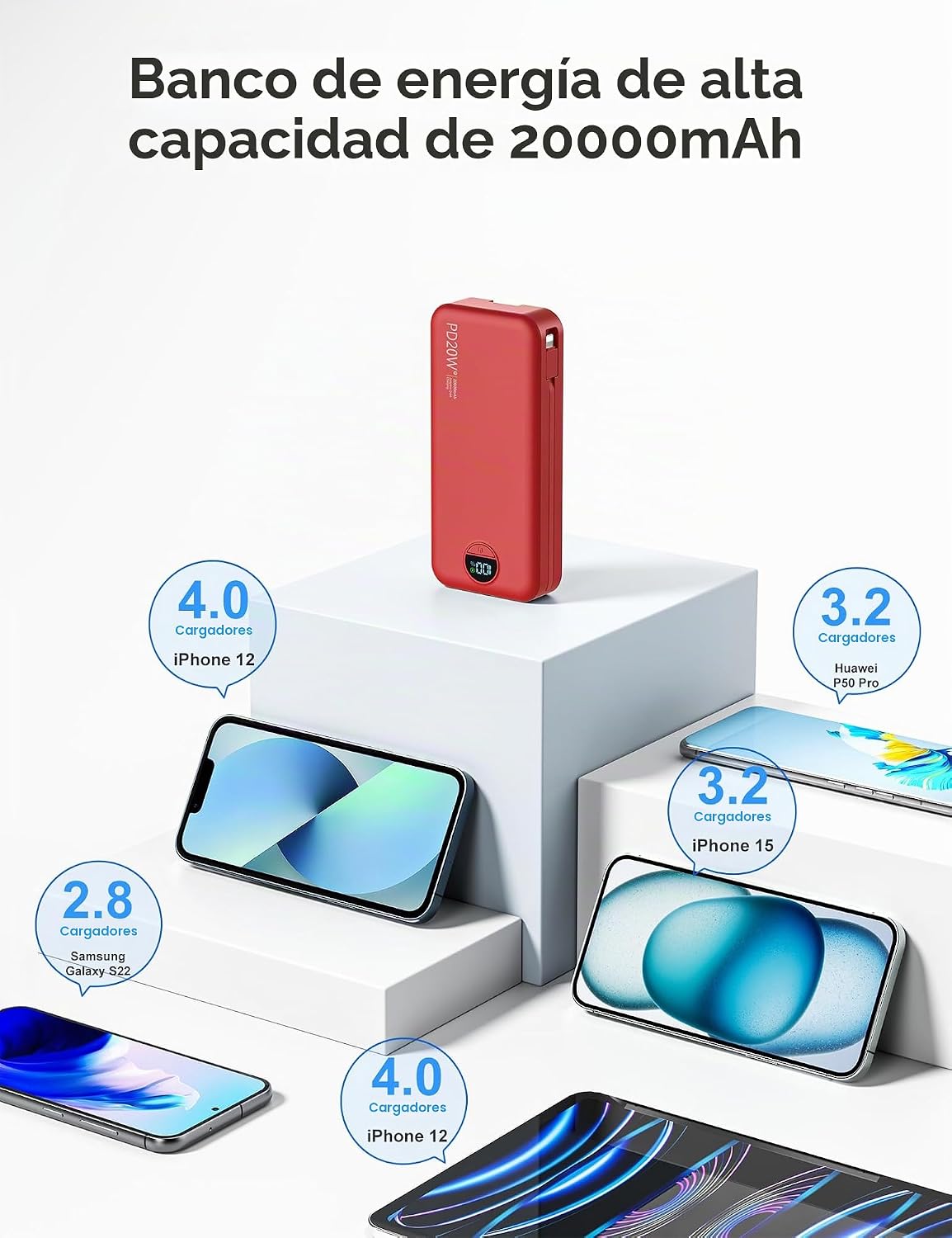 Cargador portátil Power Bank 20000mAh con cables integrados y enchu...