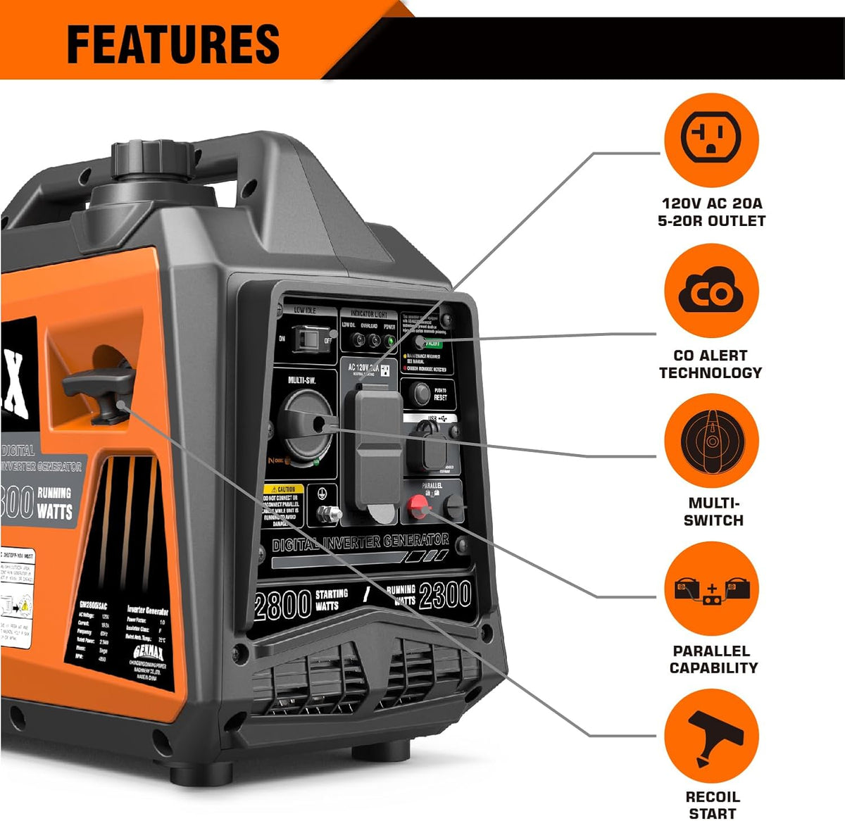 Generador portátil GENMAX, motor de gas ultrasilencioso de 2800 W,...