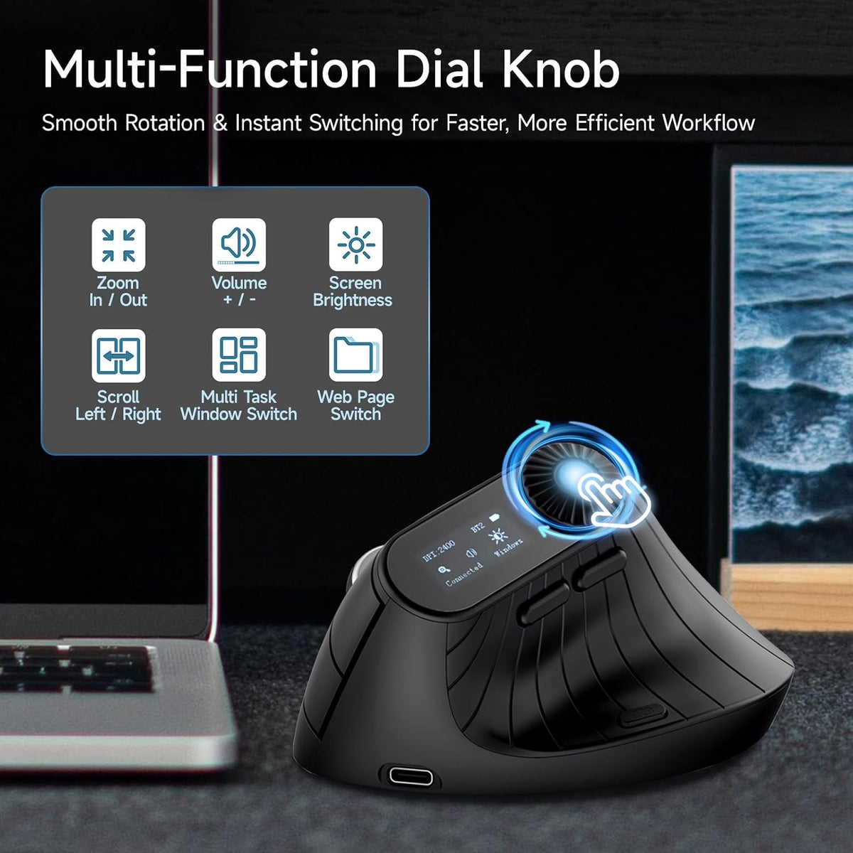 SANWA Ratón vertical ergonómico de 3 dispositivos con pantalla LED...