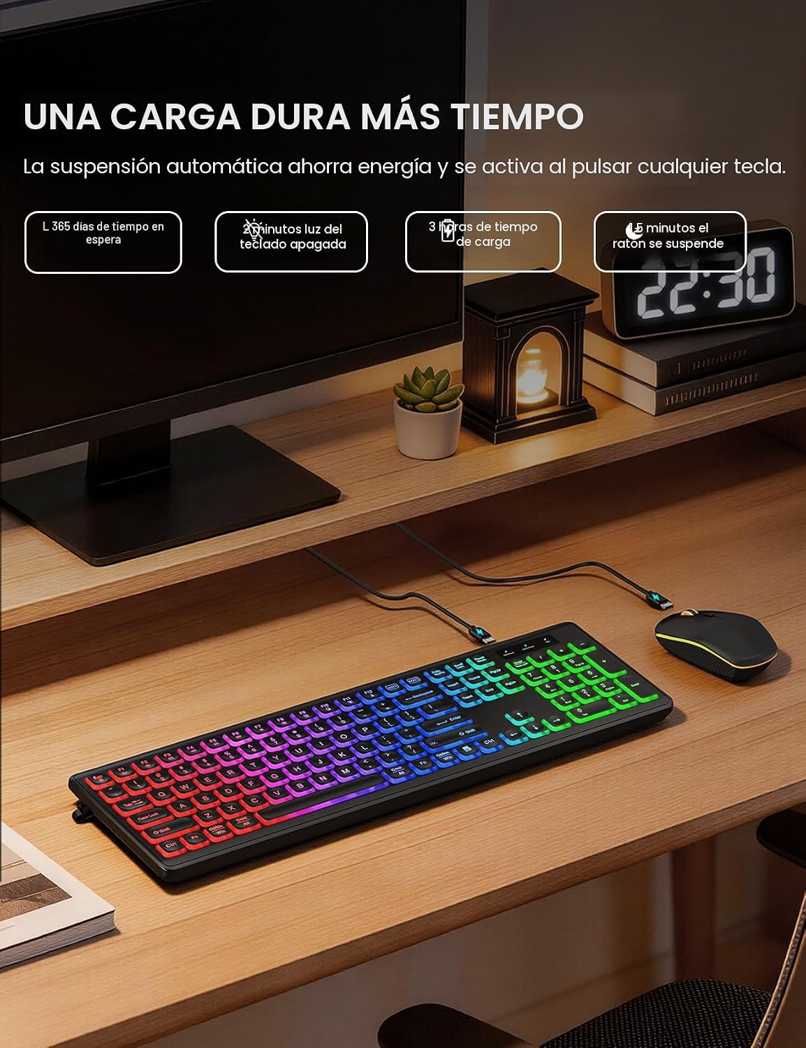 Combo de teclado y mouse inalámbricos con retroiluminación RGB, rec...