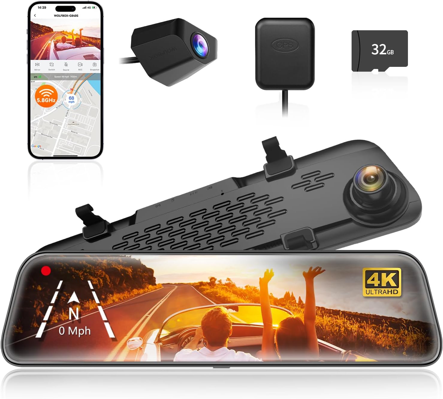 WOLFBOX G840S Cámara de Tablero con Espejo 4K de 12", Cámara de...