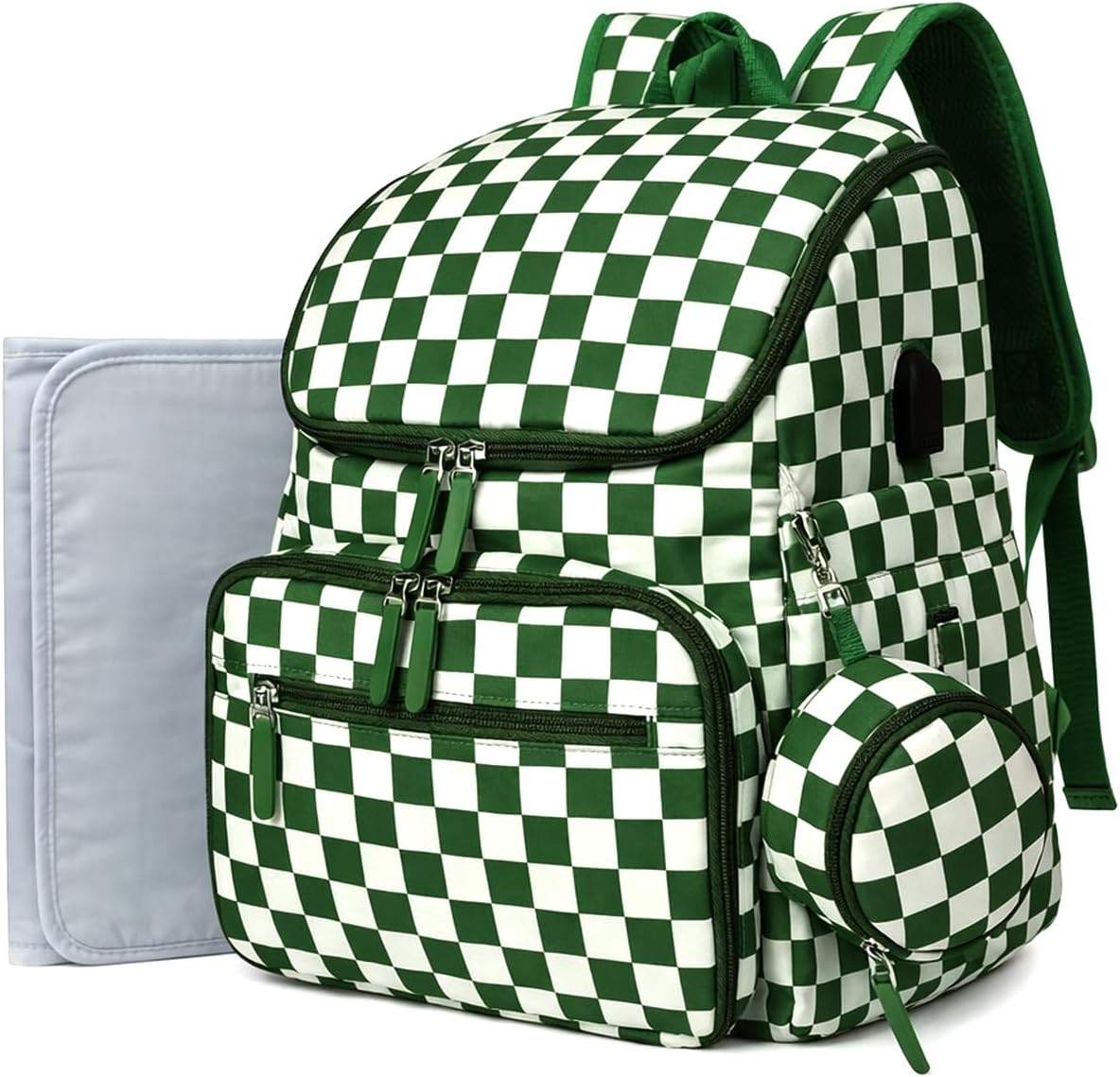 FHELAD Mochila de pañales a cuadros con cambiador y clips para coch...