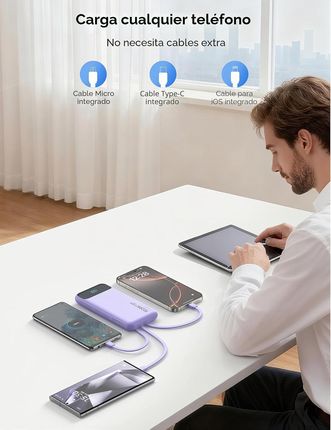 Nusyddy Cargador portátil de 10000 mAh con 4 cables incorporados y...