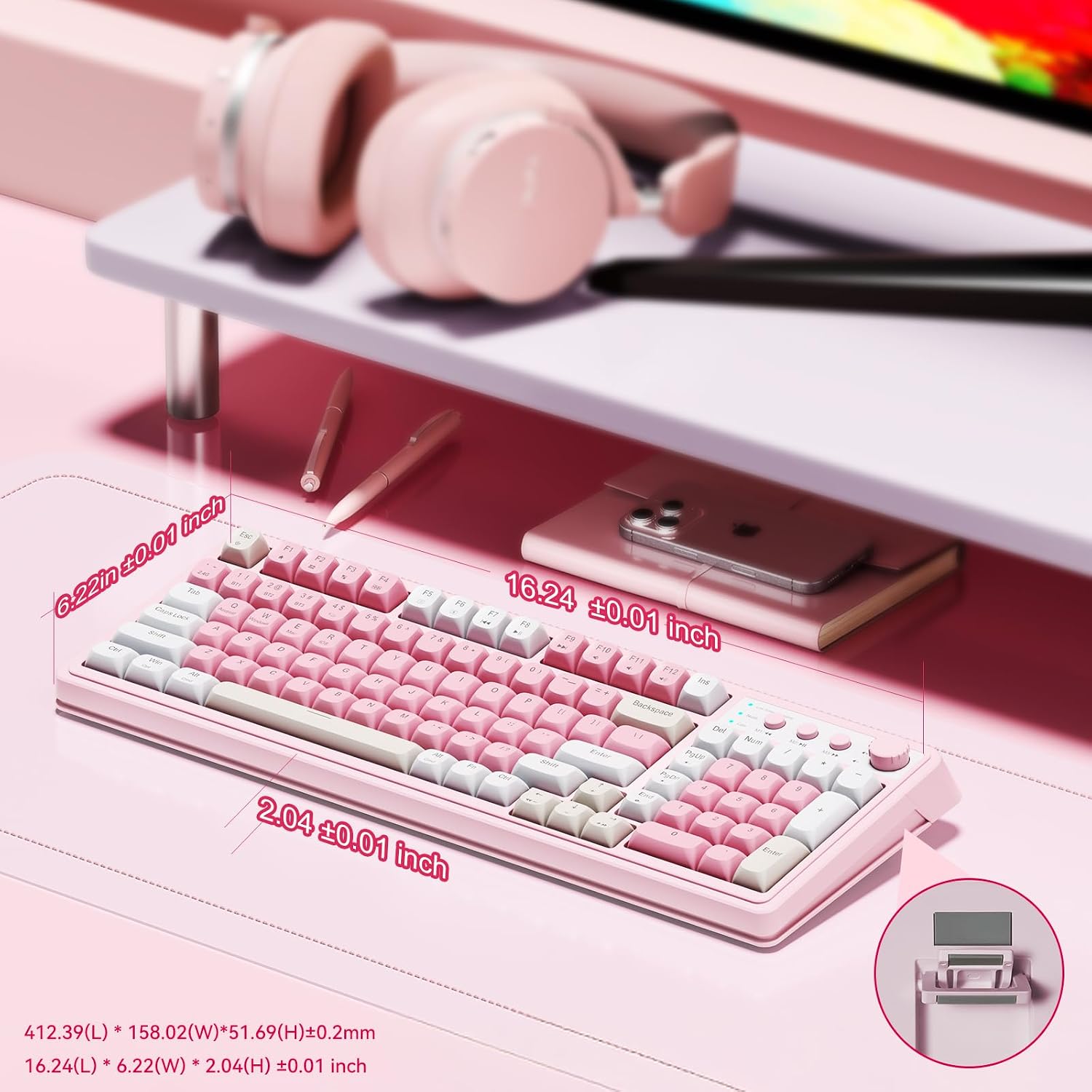 Teclado AULA de 99 teclas, teclado inalámbrico rosa para juegos, co...