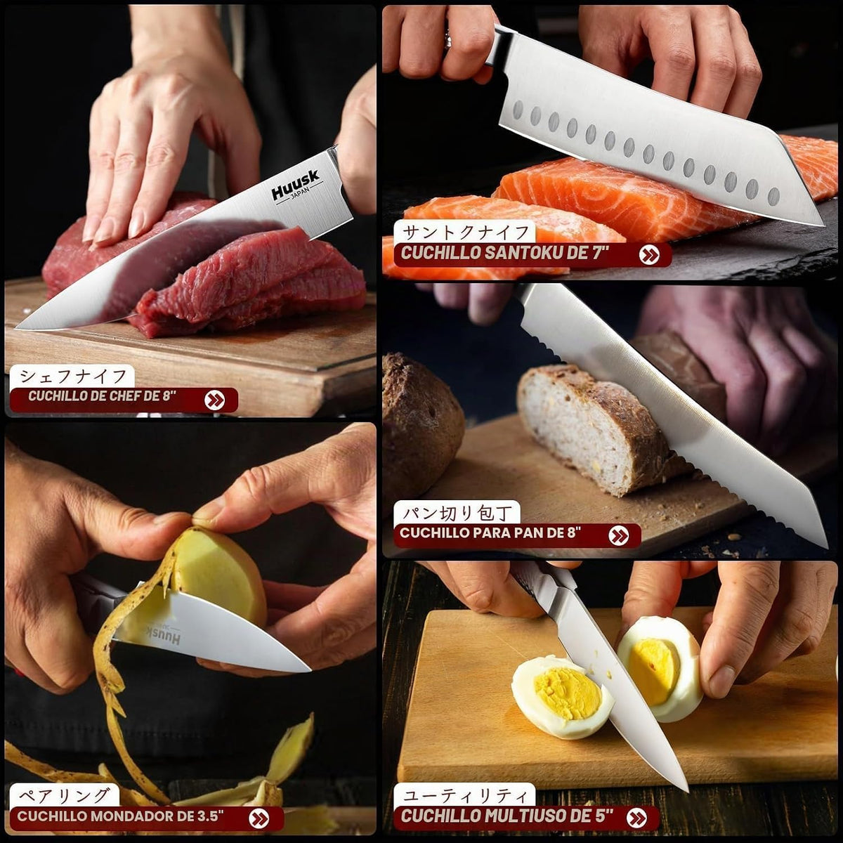 Huusk - Juego de cuchillos de cocina con bloque y afilador integrad...