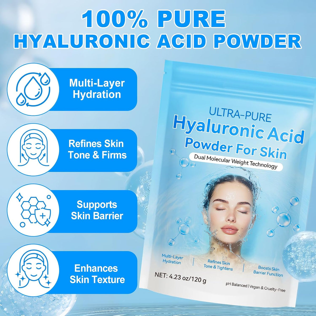 Polvo de ácido hialurónico ultra puro de 4.23 oz, polvo de hialuron...