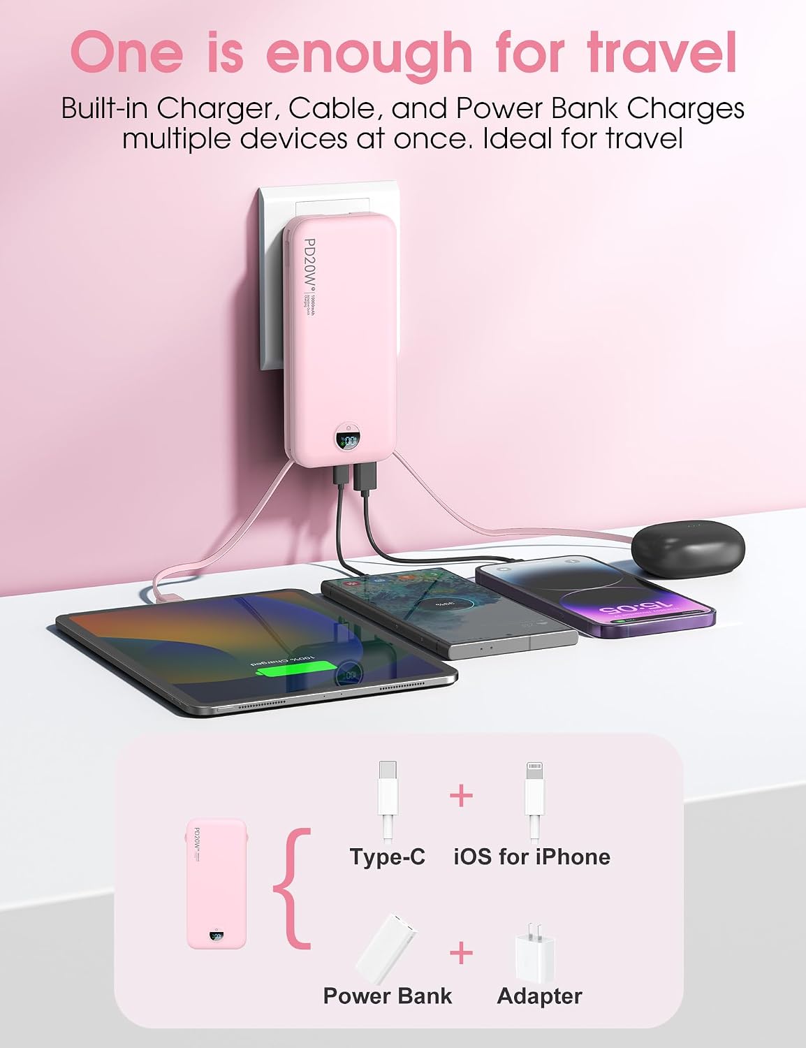 Cargador portátil citicr 10000mAh PD20W con cables integrados y enc...