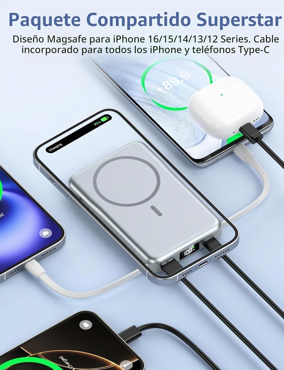Aobbow Cargador portátil magnético, paquete de batería MagSafe de 1...