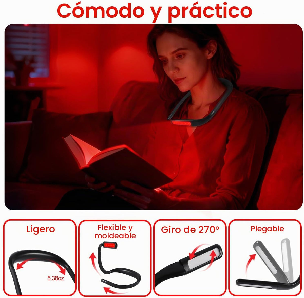 Finezeal Luz de lectura de cuello rojo de 630 nm, luz azul cero, re...