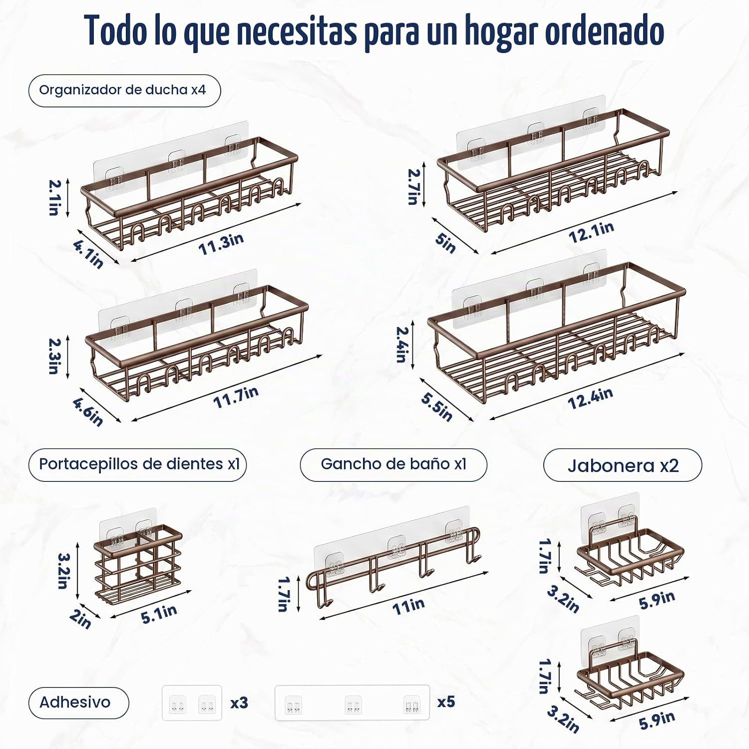 Zeawec Paquete de 8 estantes de ducha adhesivos a prueba de óxido c...