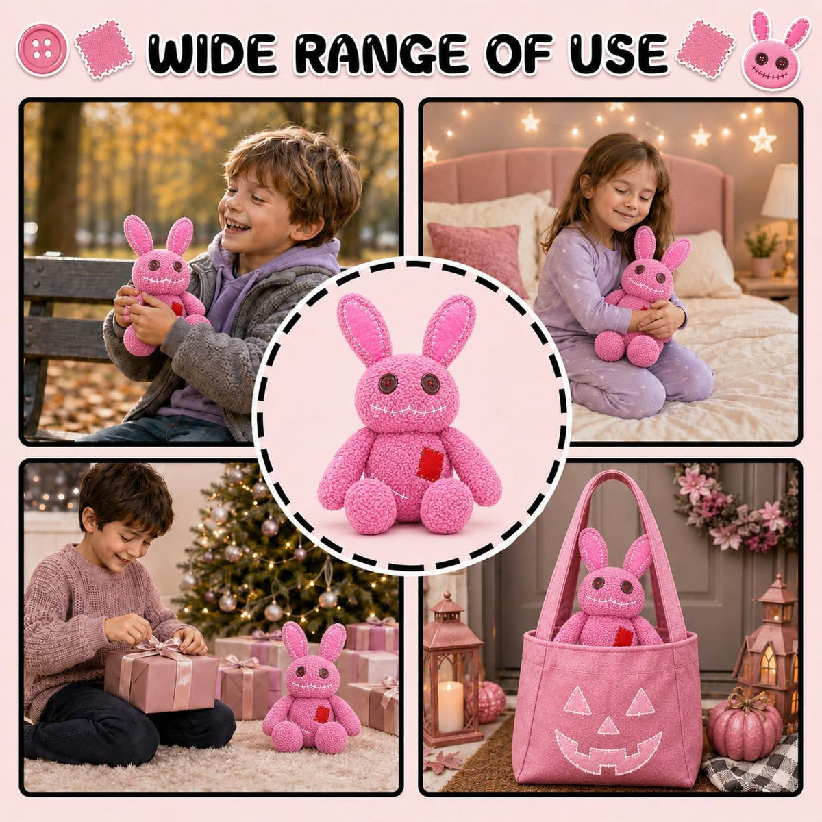 PHHKK Peluche de conejo rosa cosido gótico de Halloween, espeluznan...