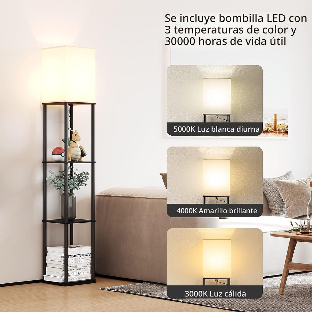 SUNMORY Lámpara de pie con estantes, moderna lámpara de pie cuadrad...