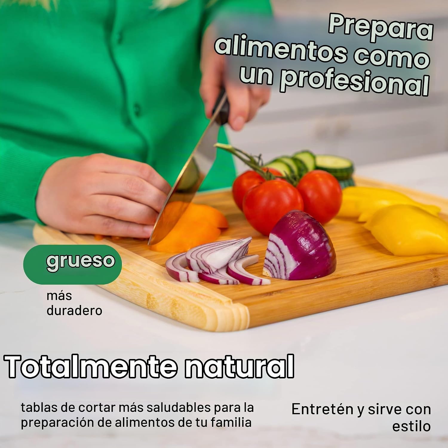 GREENER CHEF Tabla de cortar pequeña de bambú de 12 pulgadas con re...
