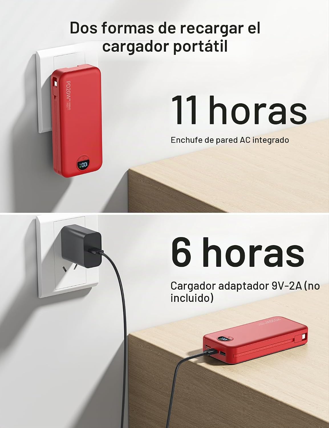 Cargador portátil Power Bank 20000mAh con cables integrados y enchu...