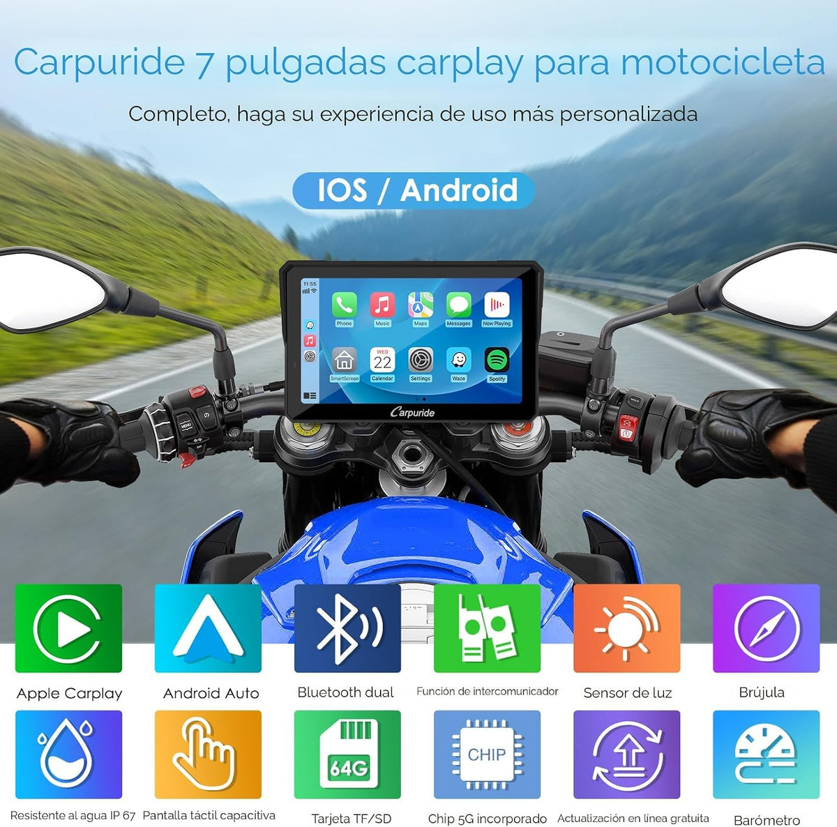 Carpuride W702PRO 7" para motocicleta CarPlay y Android Auto Du...