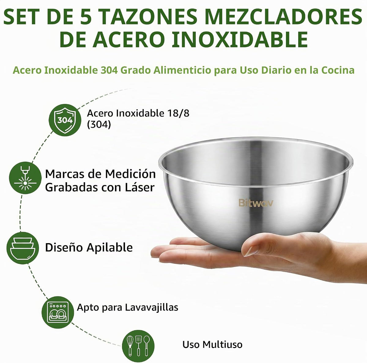 Bitwav Juego de 5 tazones de acero inoxidable 304 para mezclar de 1...