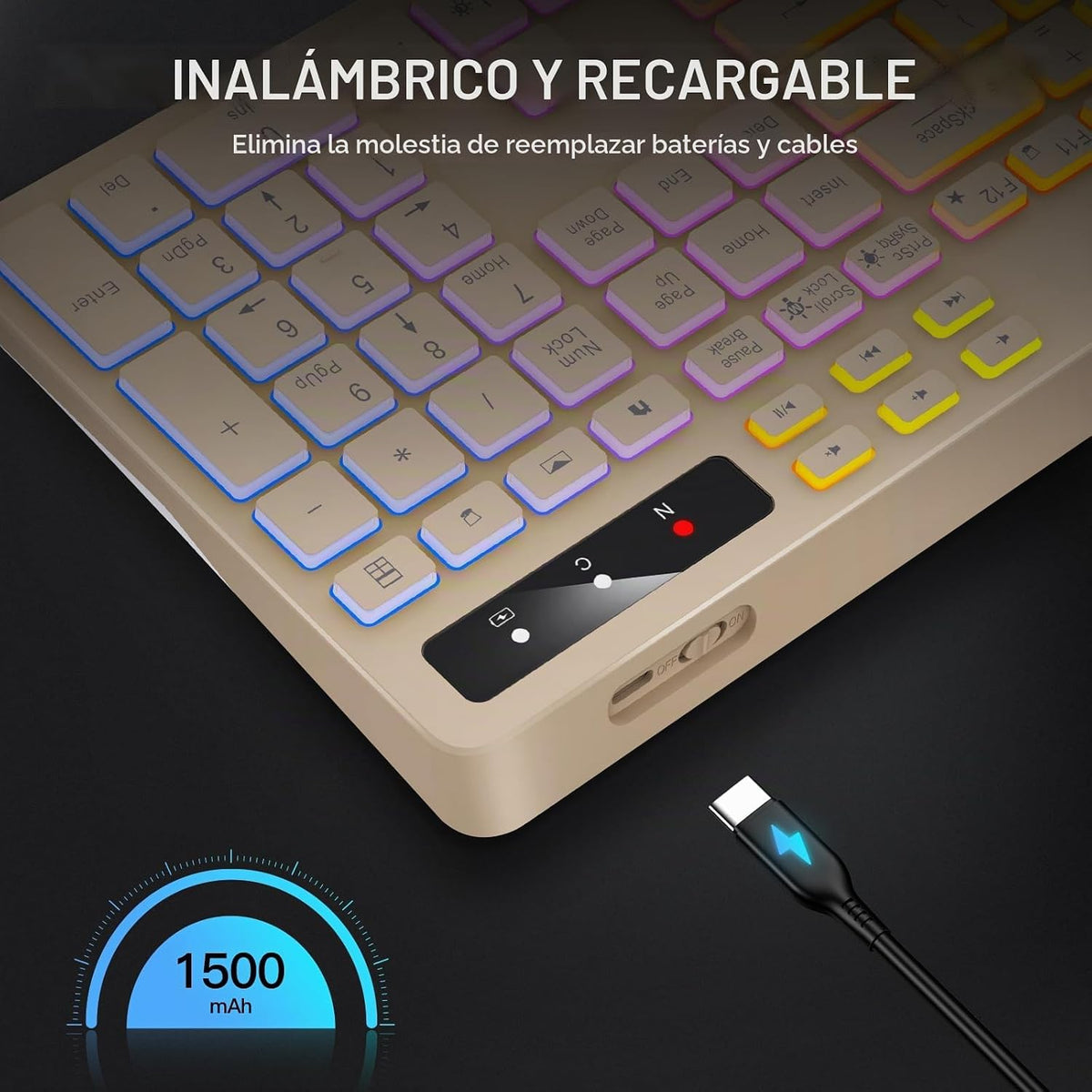 Soueto Teclado inalámbrico con retroiluminación RGB de 7 colores, t...
