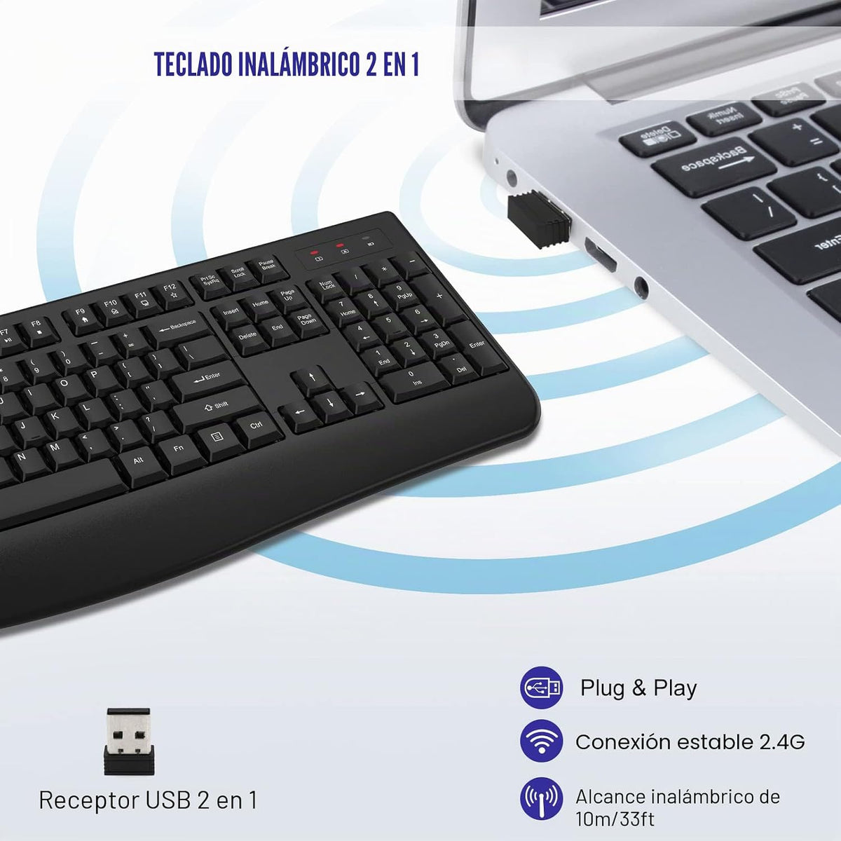QUASIO Teclado Inalámbrico, Teclado Inalámbrico Ergonómico de Tamañ...