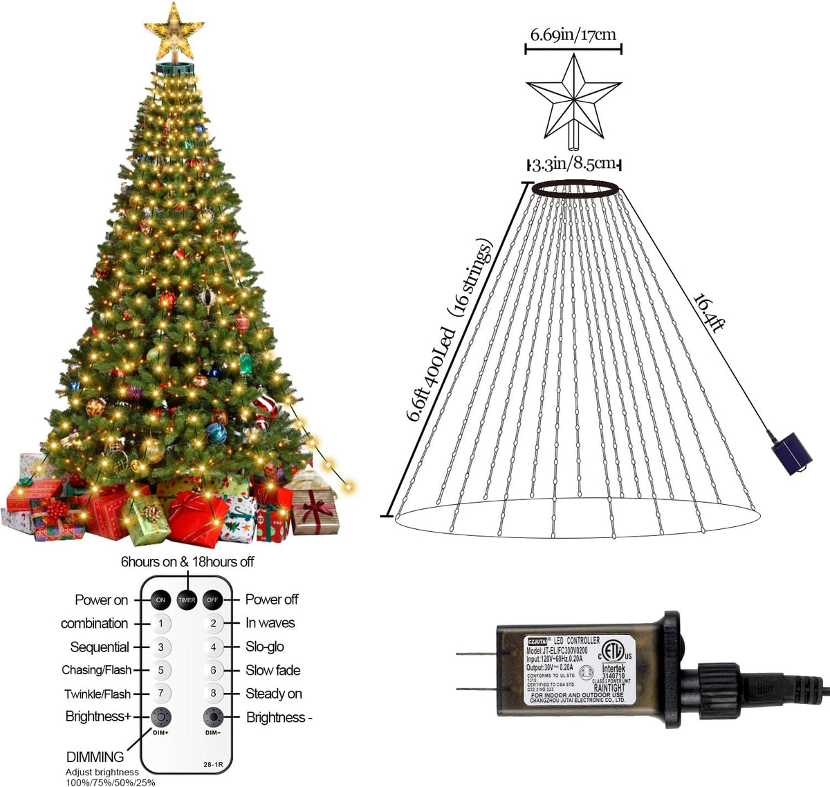 Luces de árbol de Navidad con estrella en la parte superior, 400 lu...