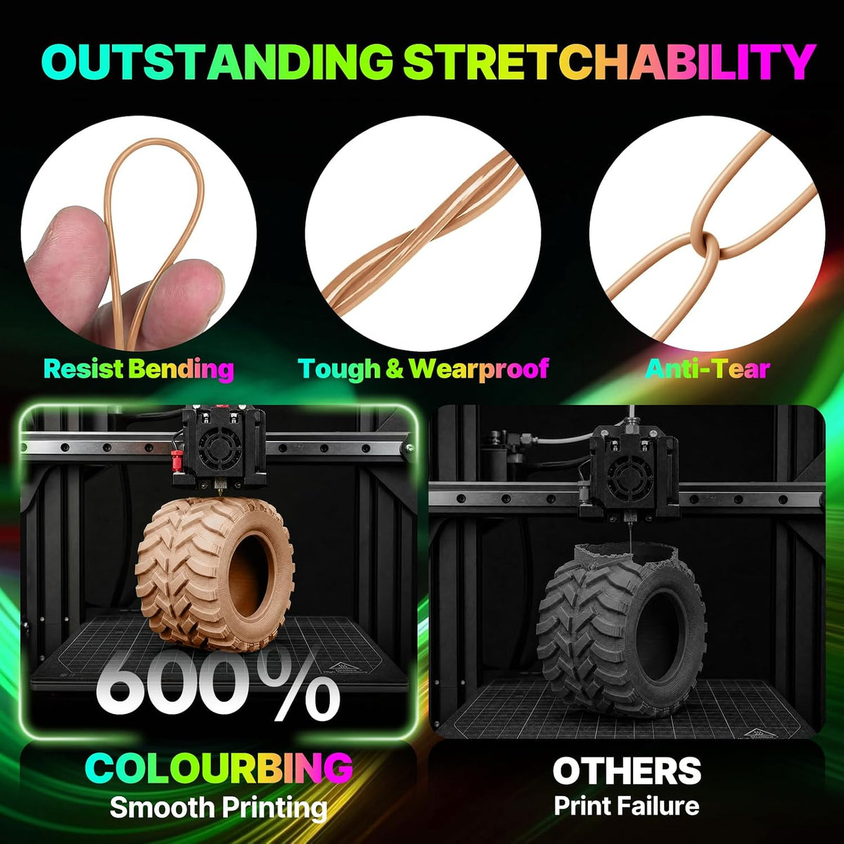 Colourbing Filamento flexible de impresora 3D de TPU 95A, suave y e...