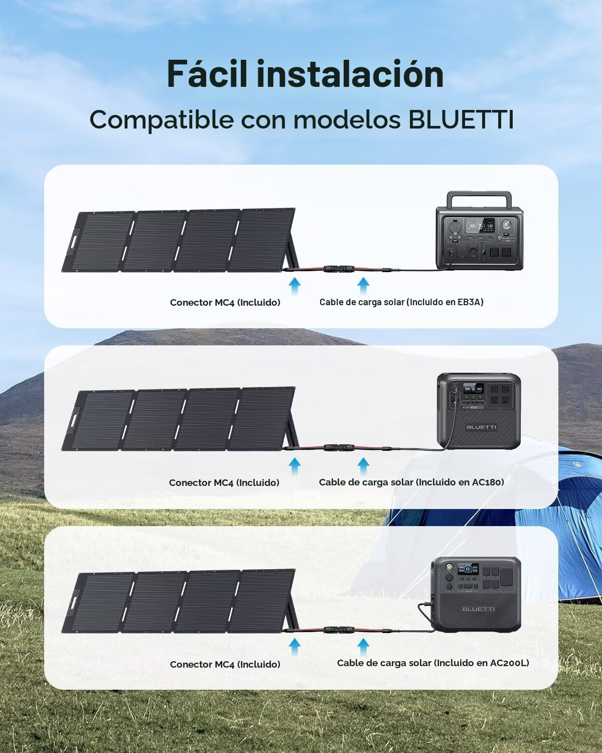 BLUETTI Panel solar de 200 W para generador solar EB3A AC2A AC50B A...
