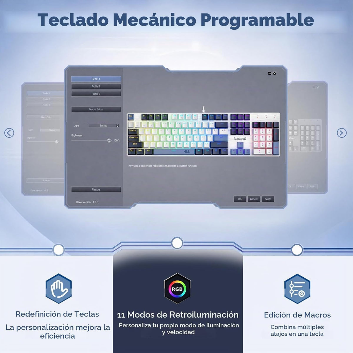 Redragon Teclado mecánico para juegos con cable, 11 modos retroilum...