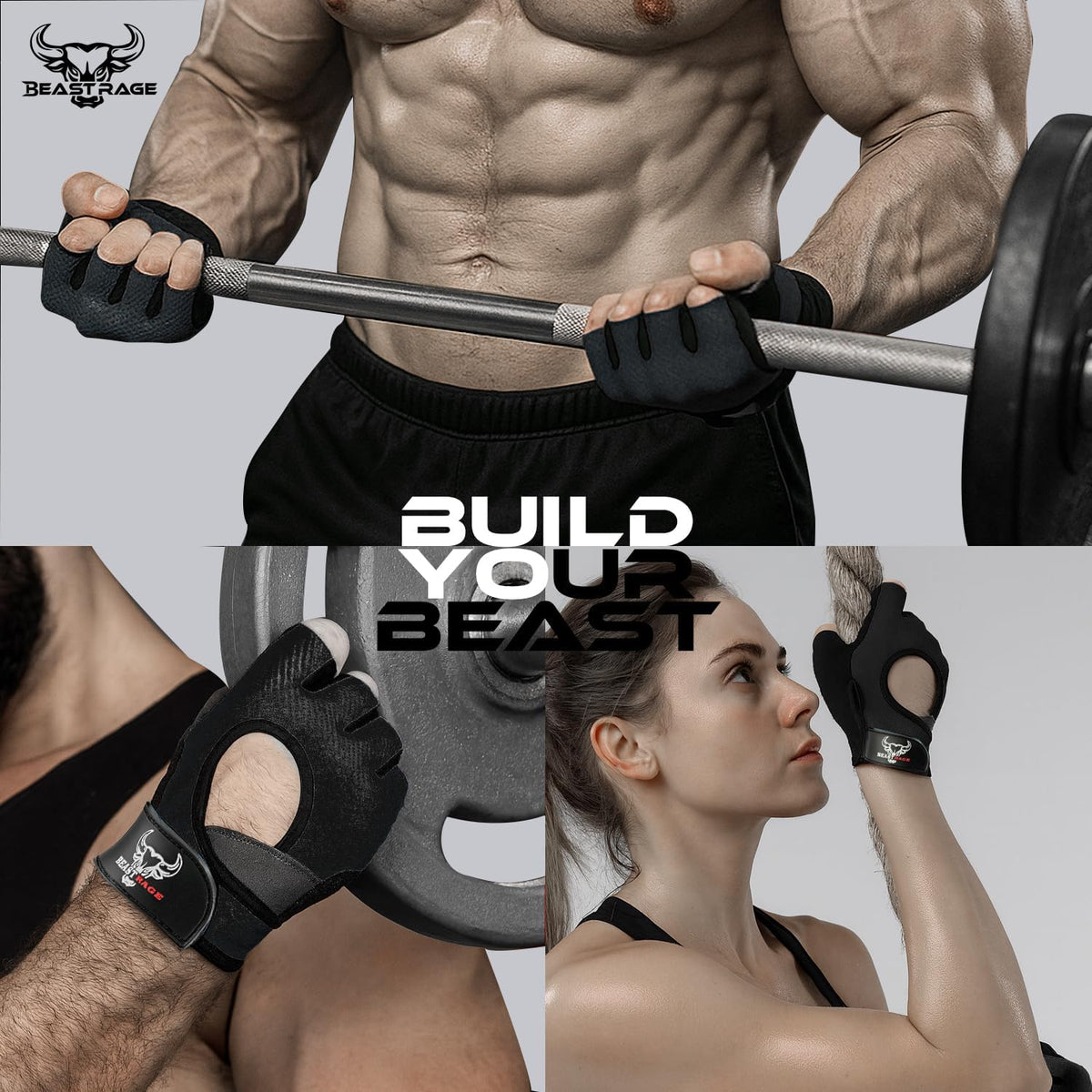 BEAST RAGE Guantes sin dedos para levantamiento de pesas con acolch...