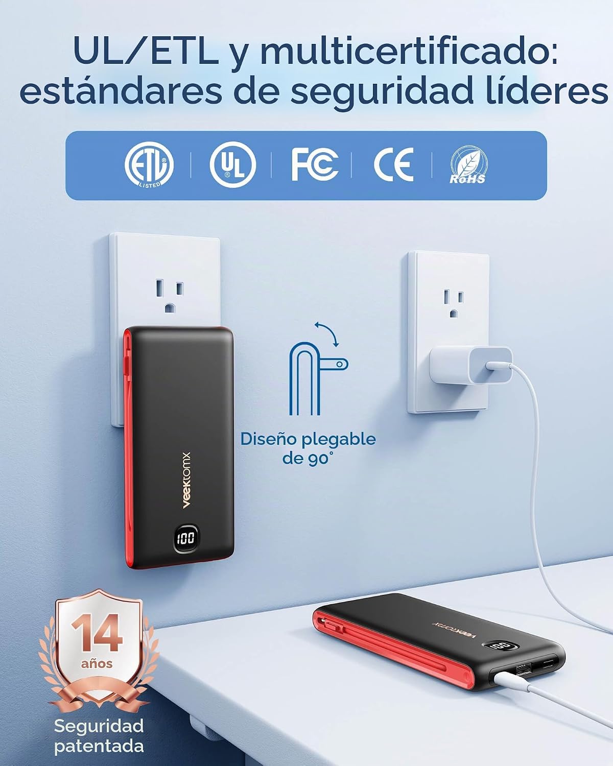 VEEKTOMX Cargador portátil con cables incorporados y enchufe de par...
