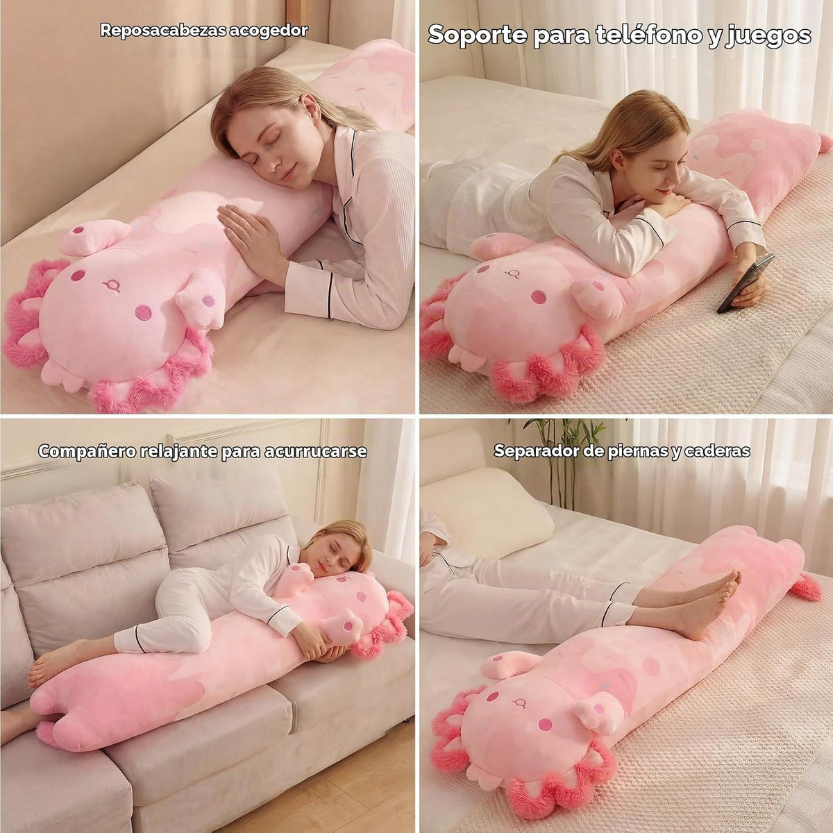 Mewaii Axolotl - Almohada corporal de felpa rosa de 43 pulgadas, re...