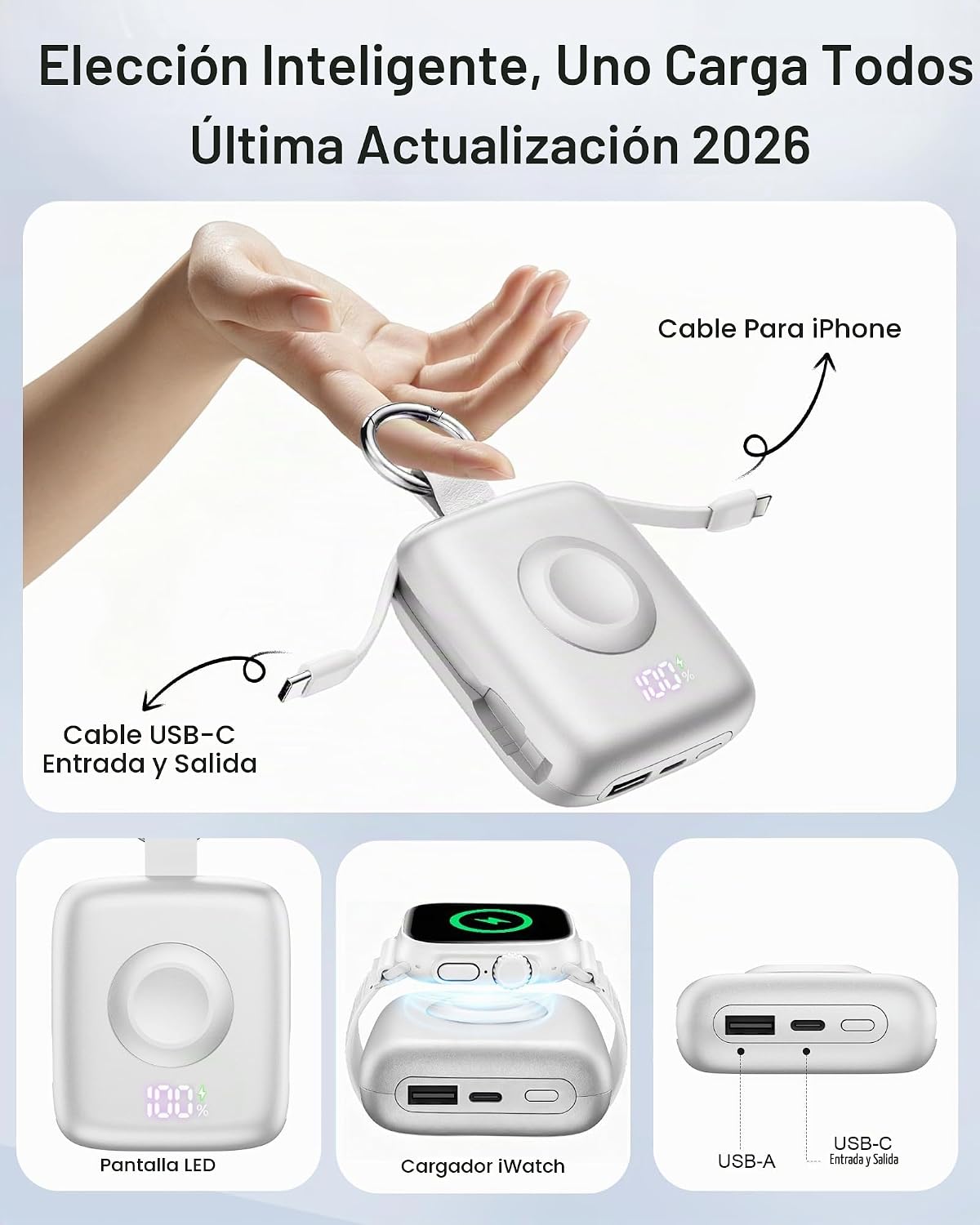 Cargador portátil 3 en 1, más pequeño 10000mAh incorporado cables 2...