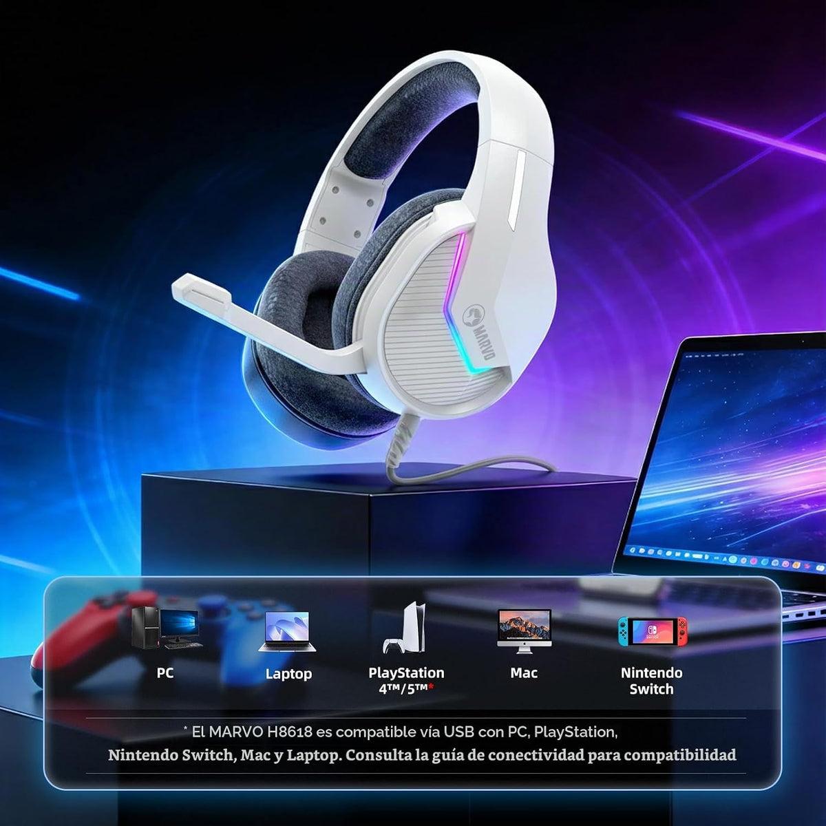 MARVO Auriculares USB para juegos con micrófono, auriculares con ca...