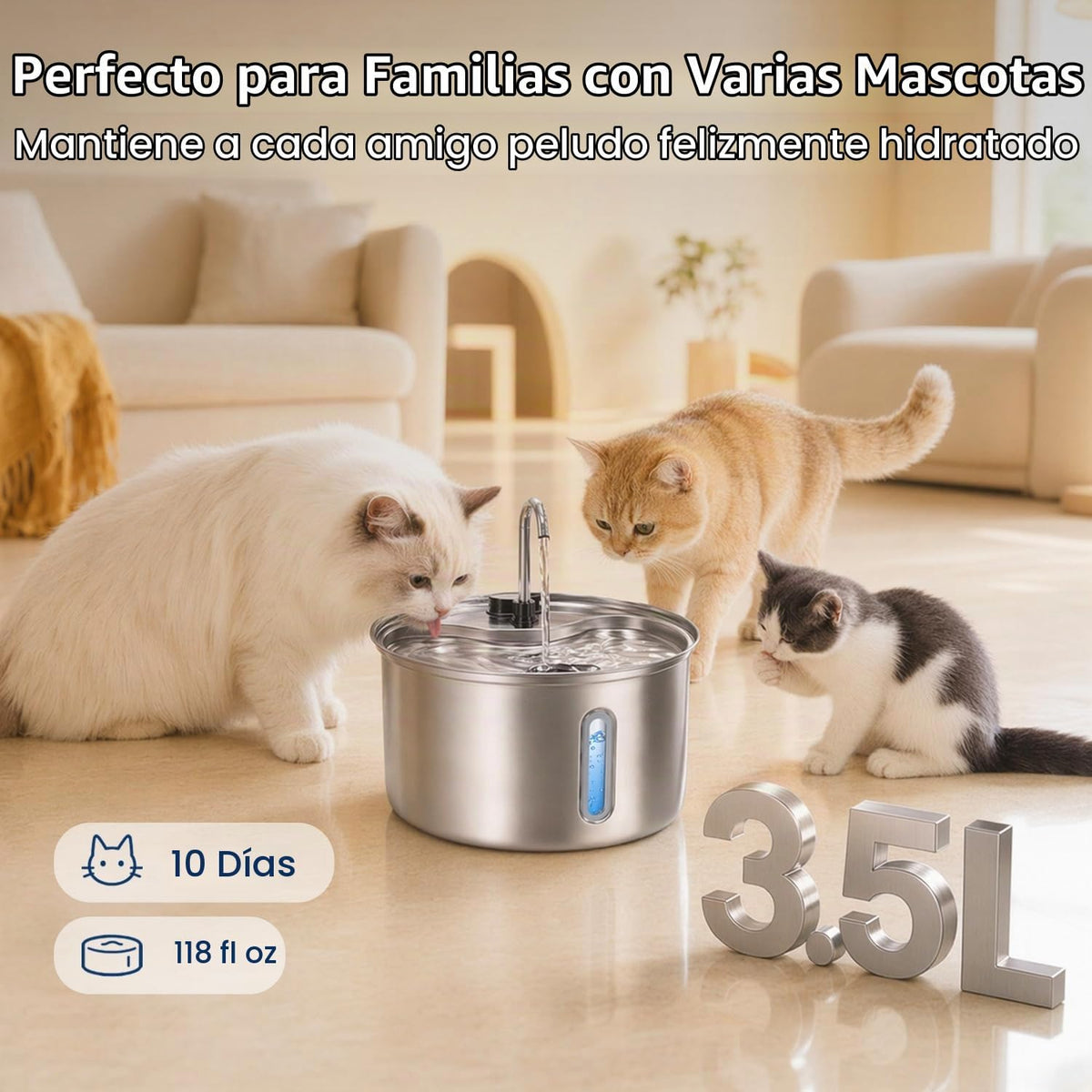 SOVELIVEE Fuente de agua para gatos de acero inoxidable 304, fuente...