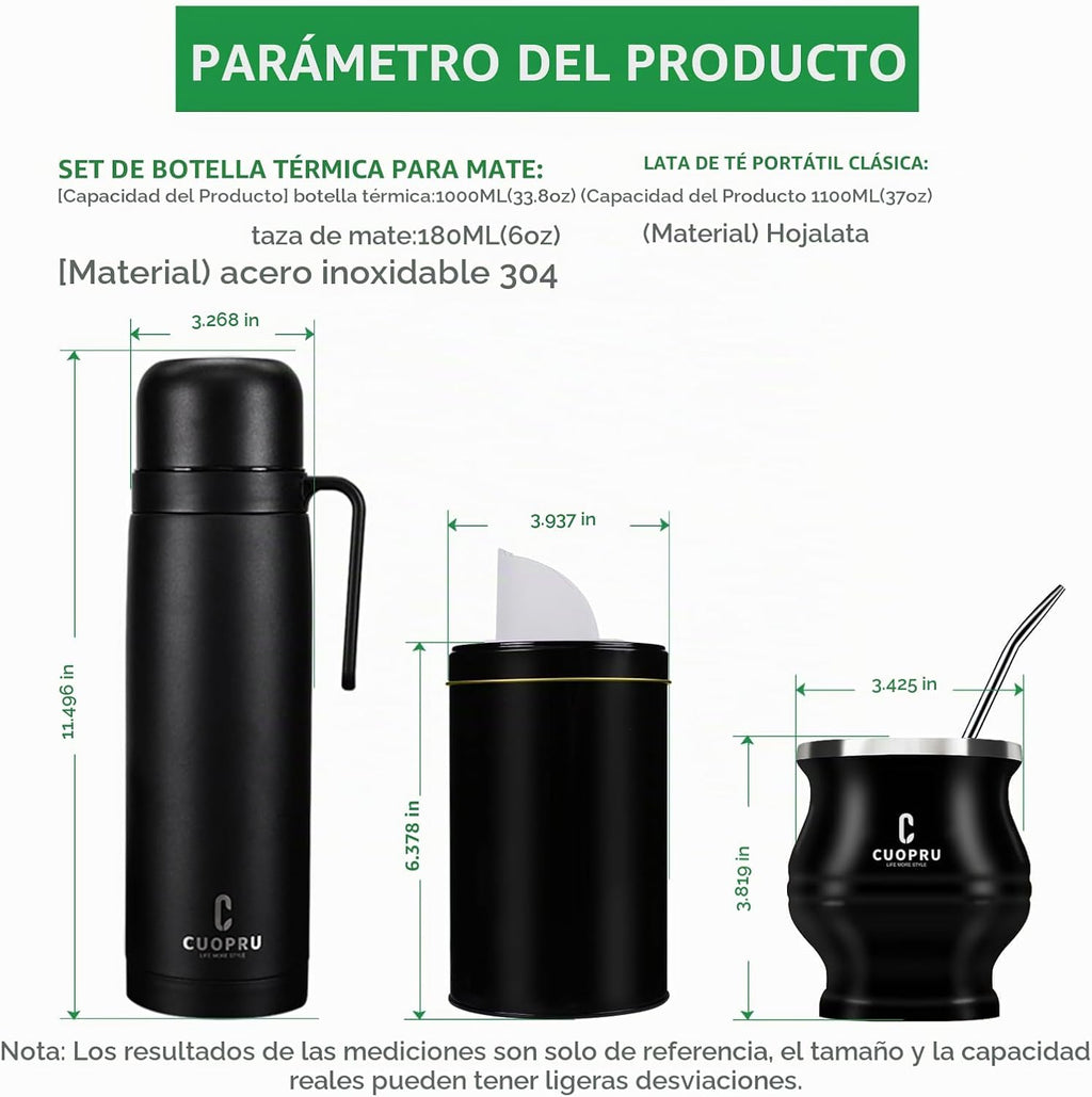 uopru Kit de yerba mate de acero inoxidable premium, calabaza, botella aislada de 33.8 onzas, recipiente, bombilla, cepillo de limpieza, juego de filtros de té, negro mate