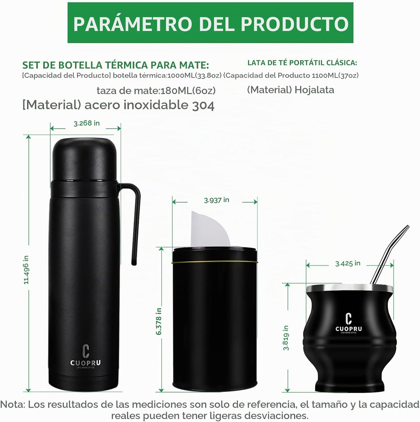 Cuopru Kit de yerba mate de acero inoxidable premium, calabaza, botella aislada de 33.8 onzas, recipiente, bombilla, cepillo de limpieza, juego de filtros de té, negro mate