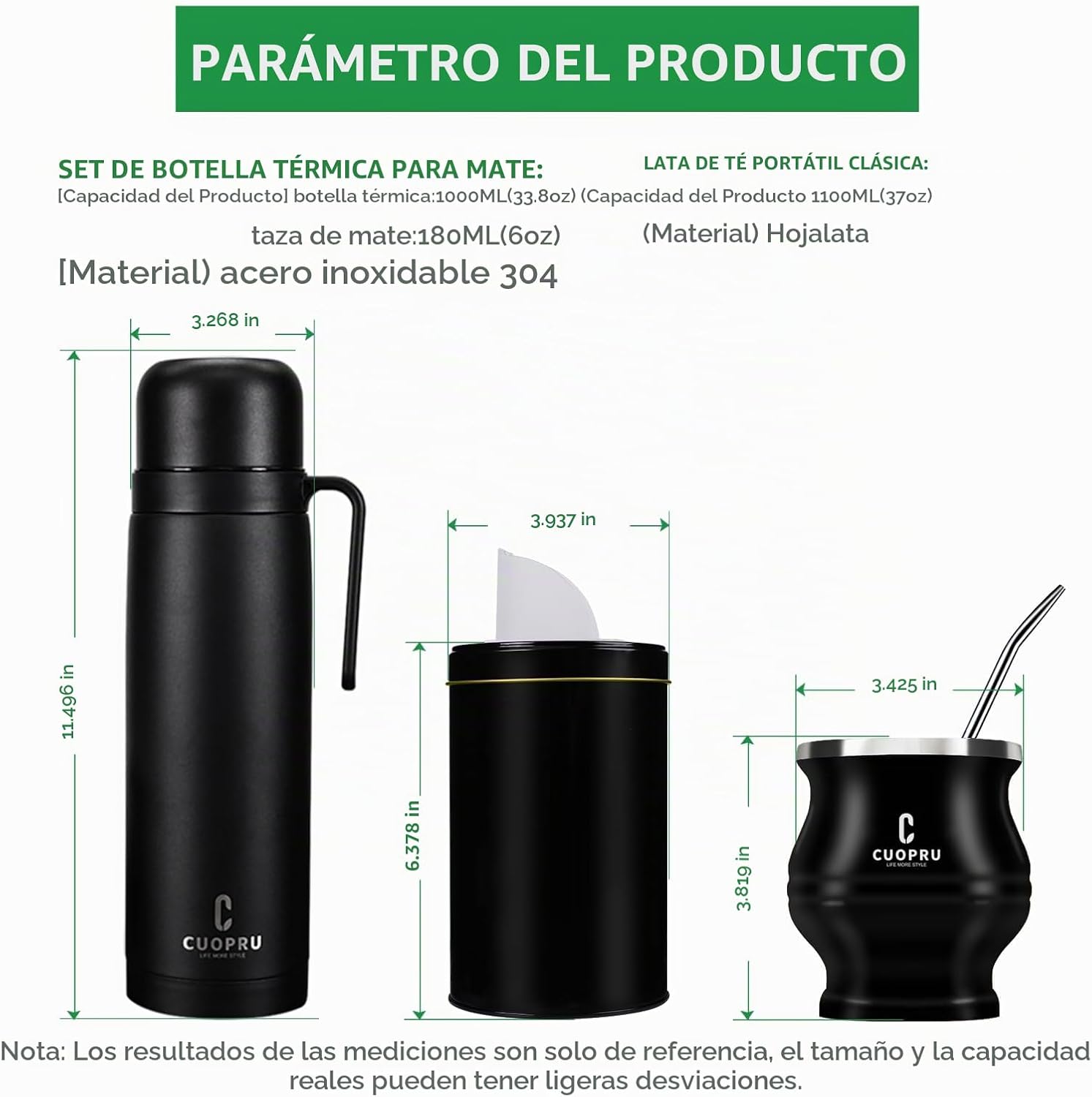 uopru Kit de yerba mate de acero inoxidable premium, calabaza, botella aislada de 33.8 onzas, recipiente, bombilla, cepillo de limpieza, juego de filtros de té, negro mate