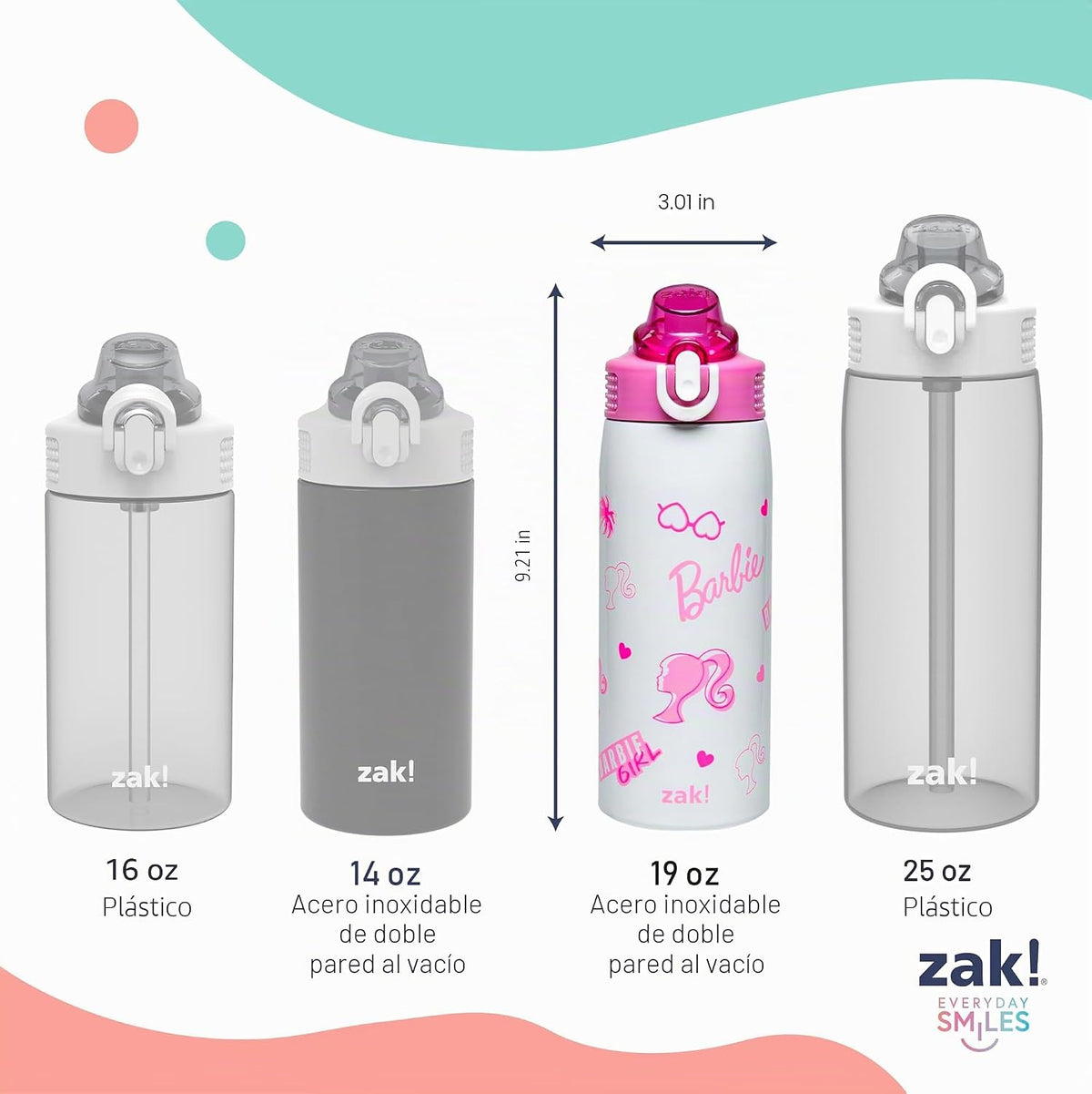 Zak Designs Barbie Sage Botella de agua para niños con pajita a pru...