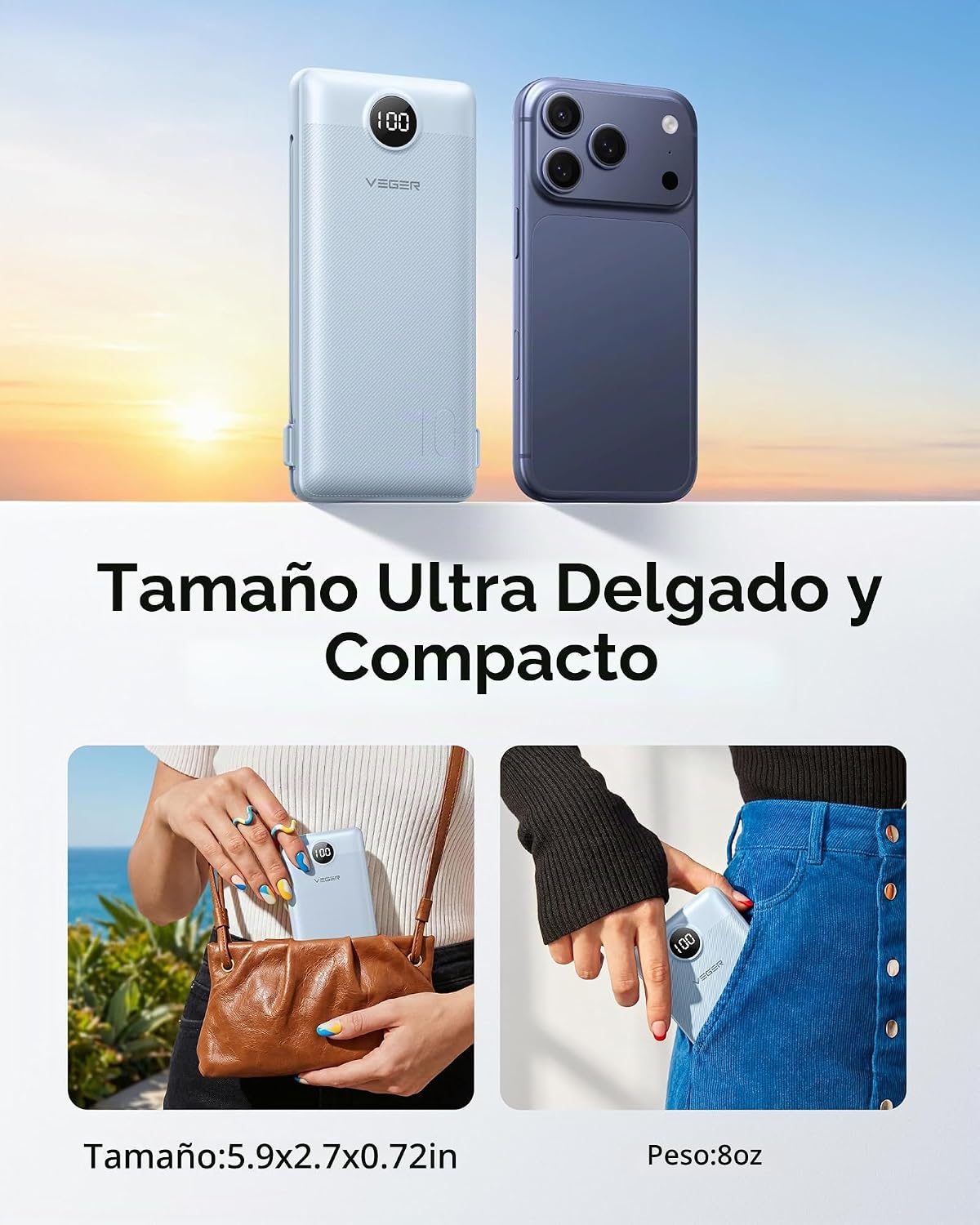 VEGER Cargador portátil para iPhone, Power Bank con cables integrad...