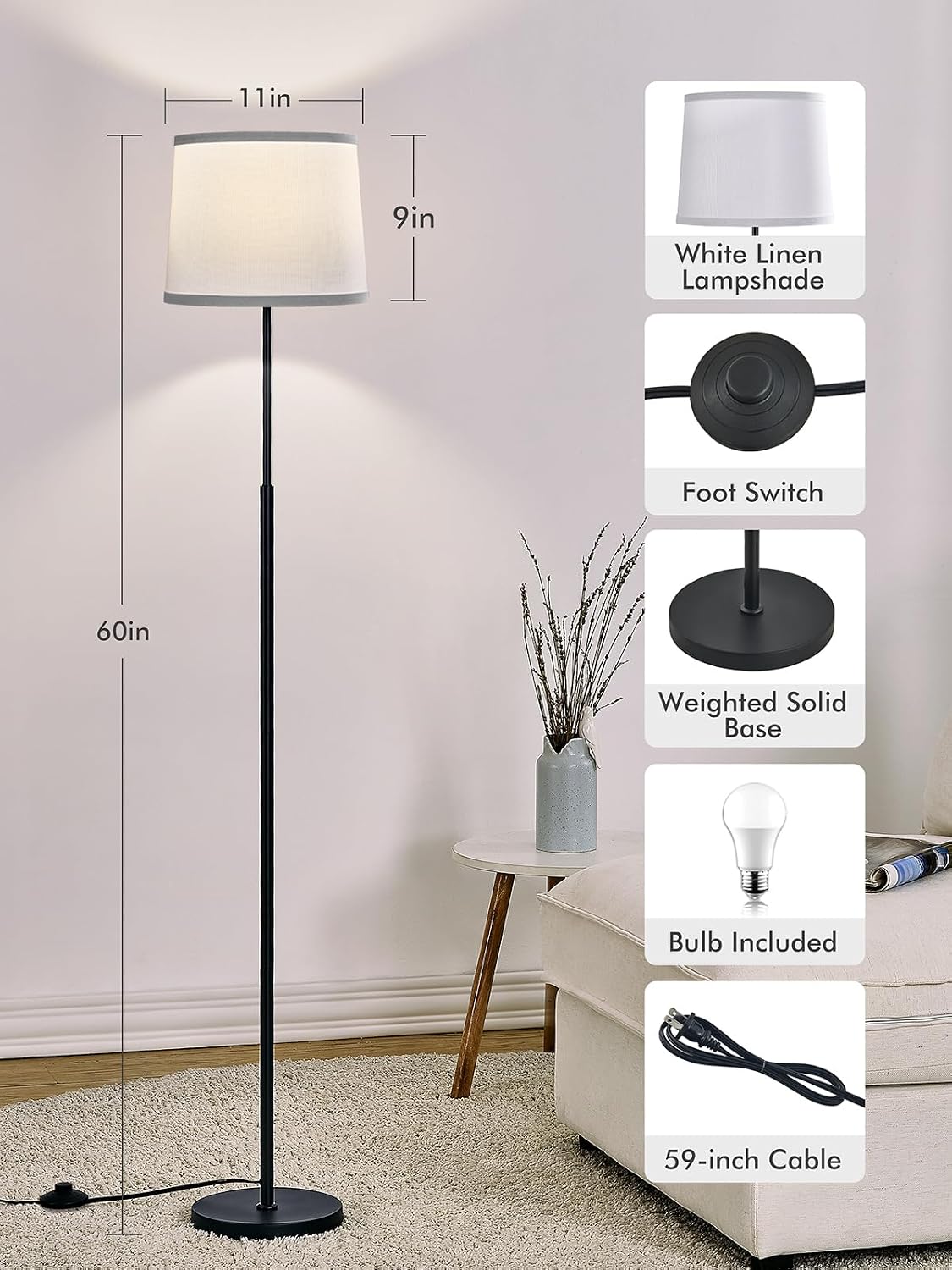 Hikczc Lámpara de pie moderna de 60 pulgadas para sala de estar, do...