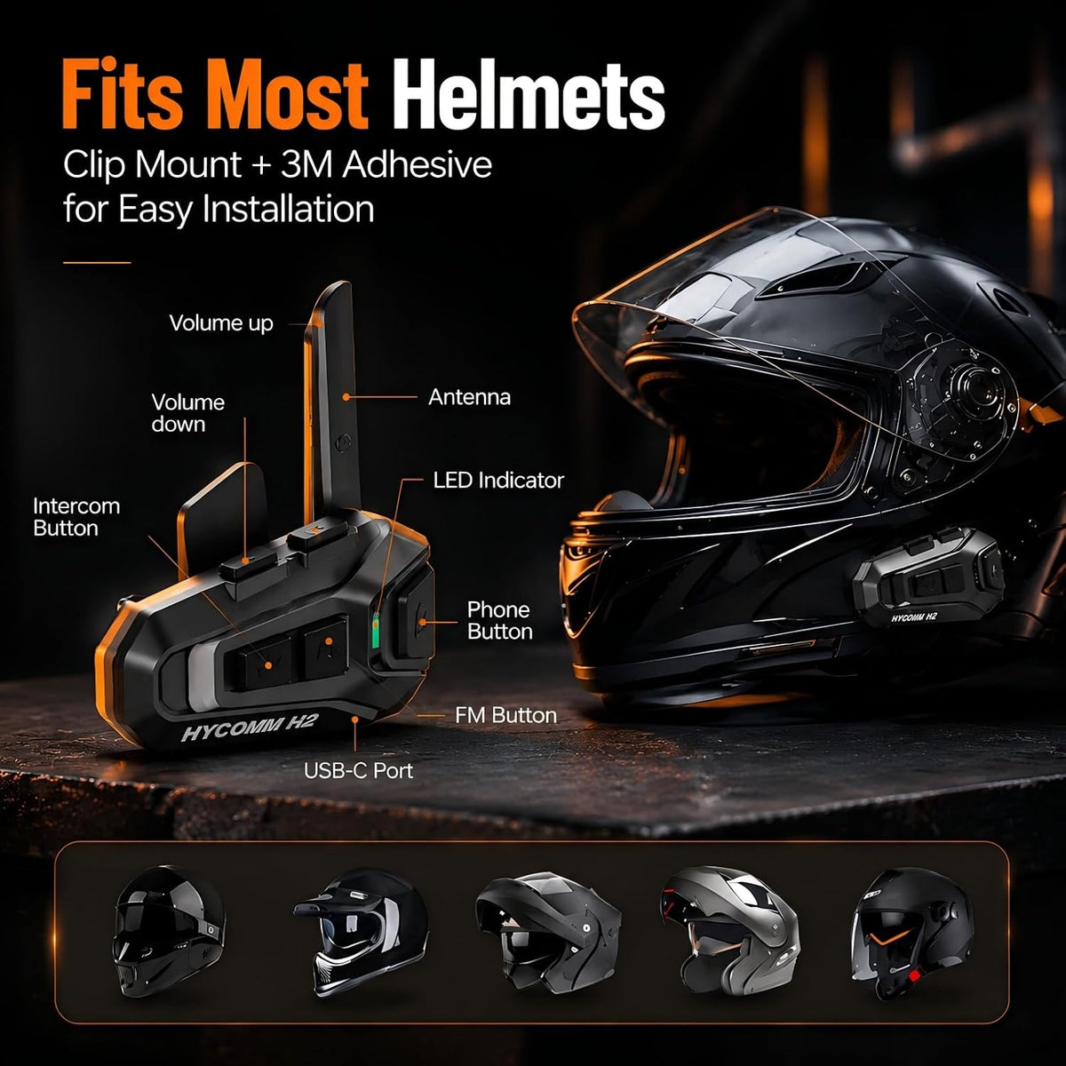 HYCOMM H2 - Auriculares Bluetooth para motocicleta, intercomunicado...