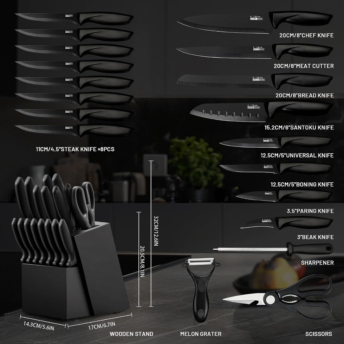 KroWallu - Juego de 20 cuchillos para cocina con bloque, apto para...