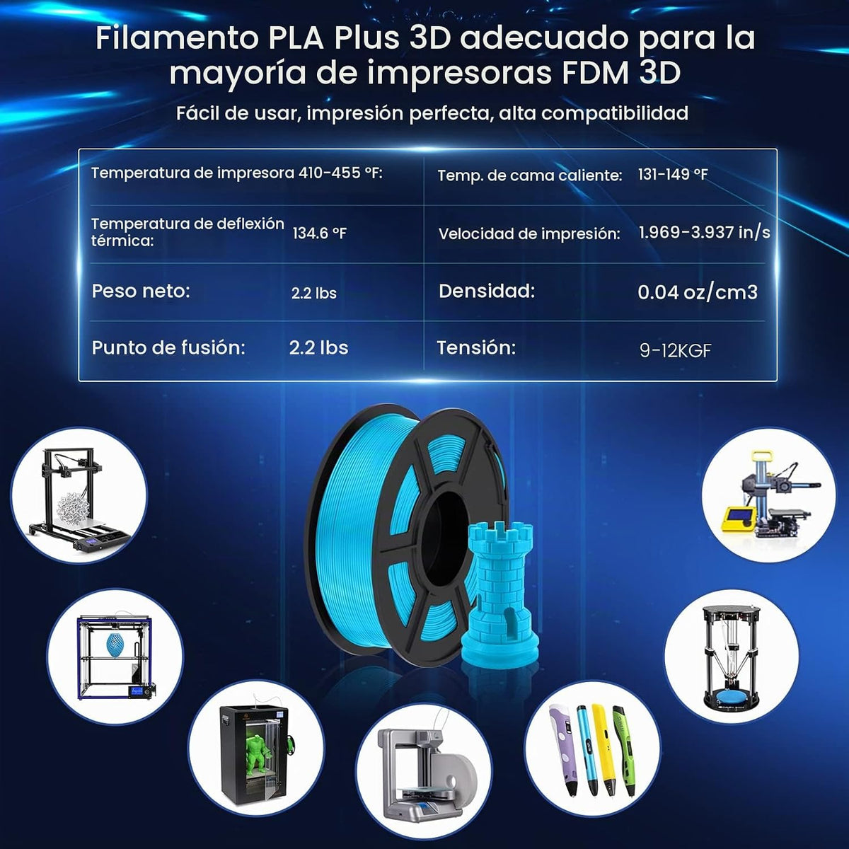 SUNLU Filamento PLA Plus de 0.07 in, azul cielo, 2.2 lbs | Filament...