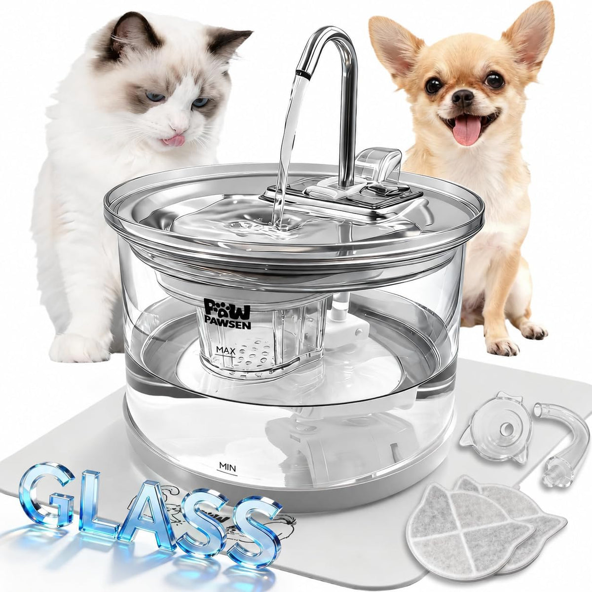 PAWPAWSEN Fuente de agua de cristal para gatos, 70 onzas, apta para...